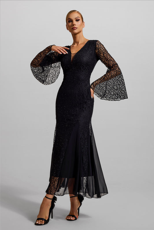 Lace V-neck Ball Sleeve Midi Dress