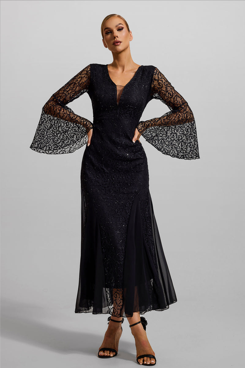 Lace V-neck Ball Sleeve Midi Dress