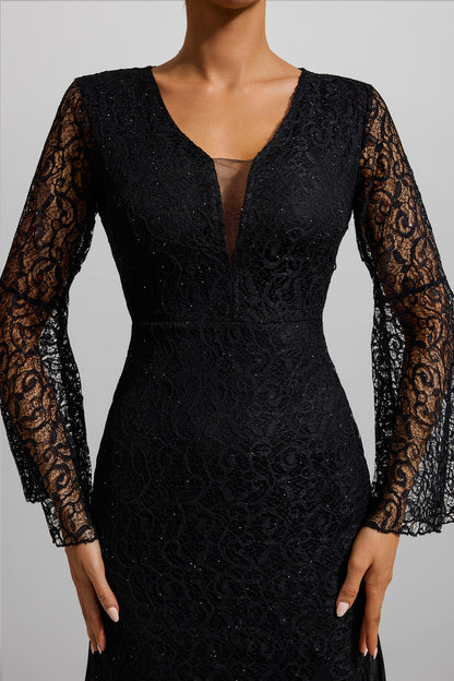Lace V-neck Ball Sleeve Midi Dress