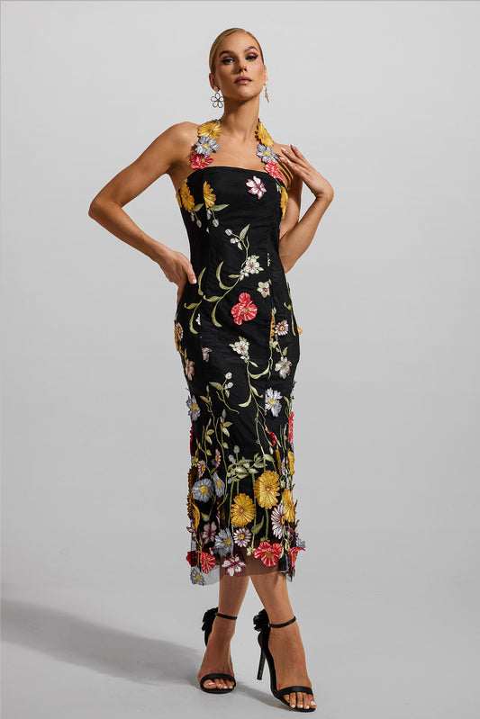 Embroidered Halter Neck Midi Dress