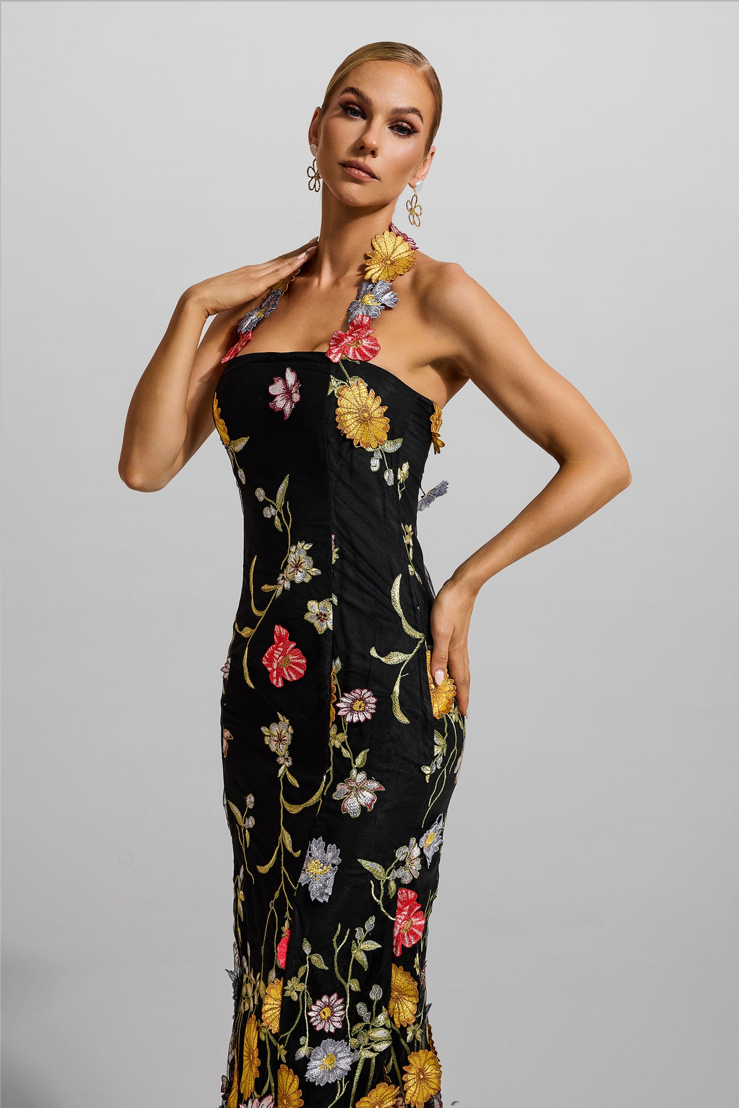 Embroidered Halter Neck Midi Dress