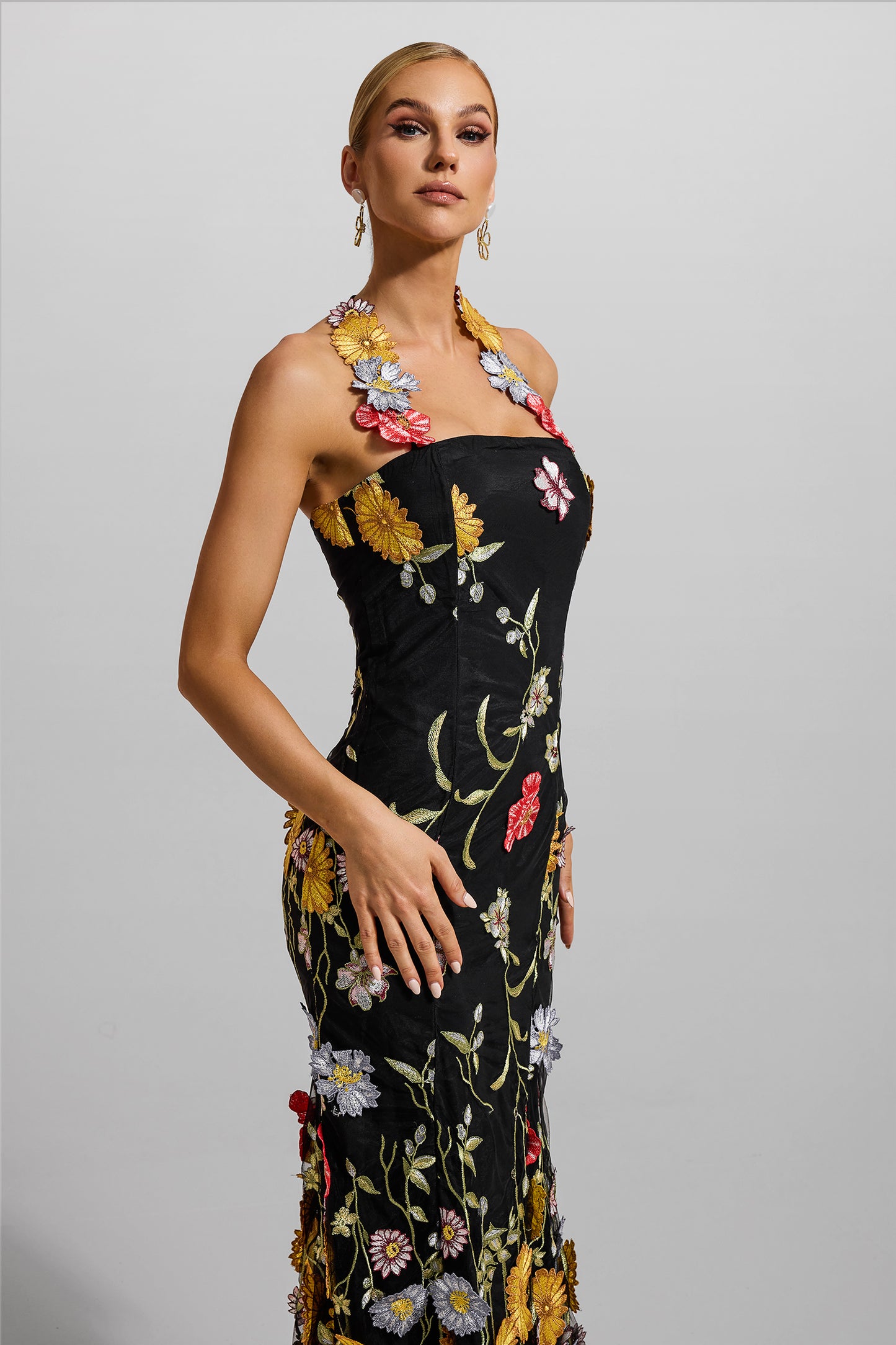 Embroidered Halter Neck Midi Dress