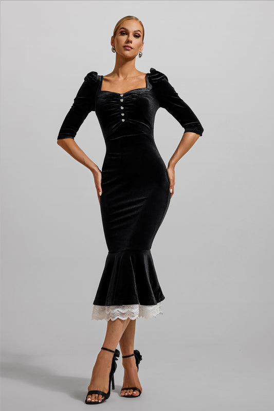 Velvet Lace Sweetheart Neck Midi Dress