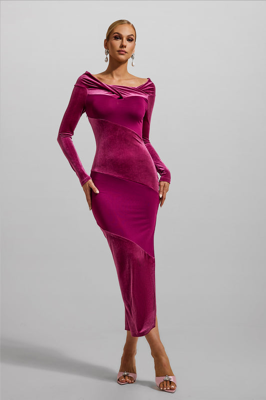 Velvet Splicing Off-shoulder Midi Dress