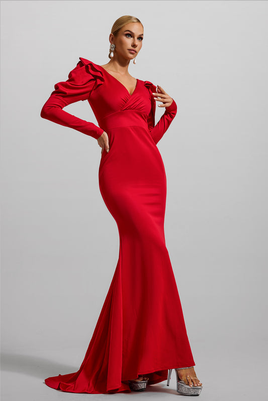 Jersey V-neck Frill Maxi Dress