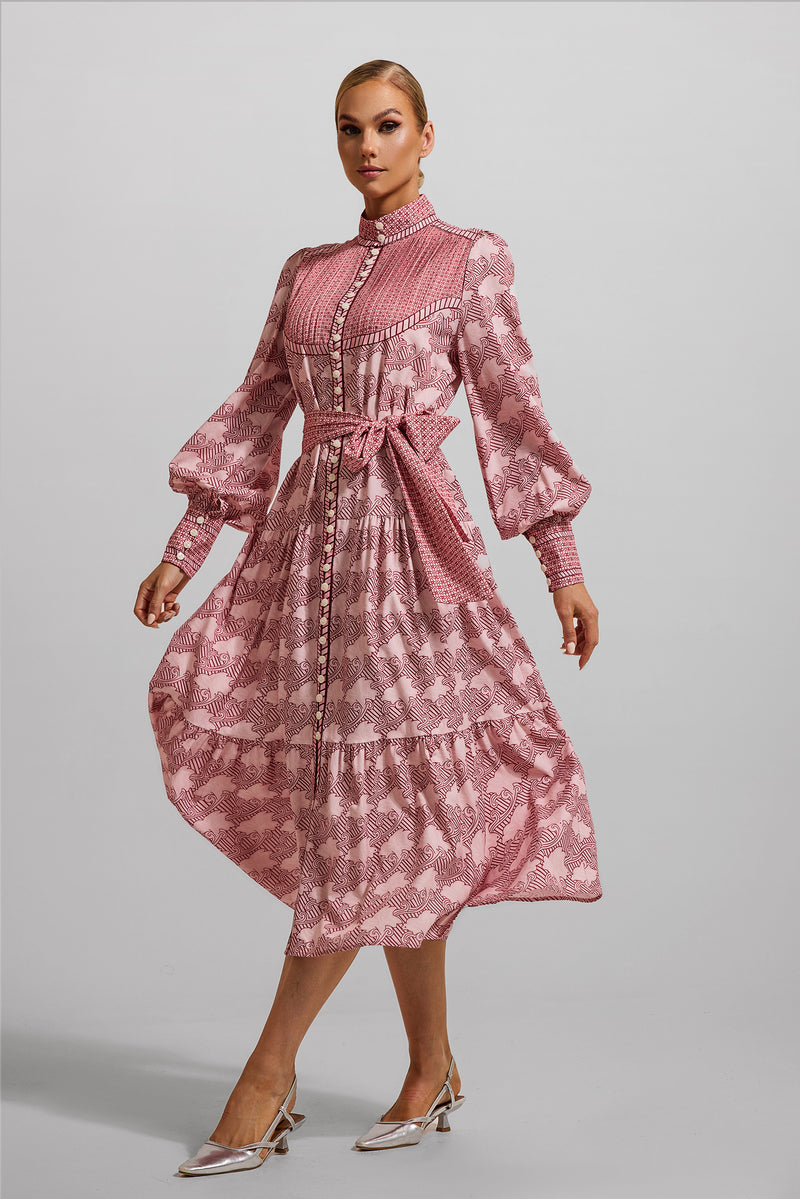 Geometric Patterns Lantern Sleeve Midi Dress With Belt
