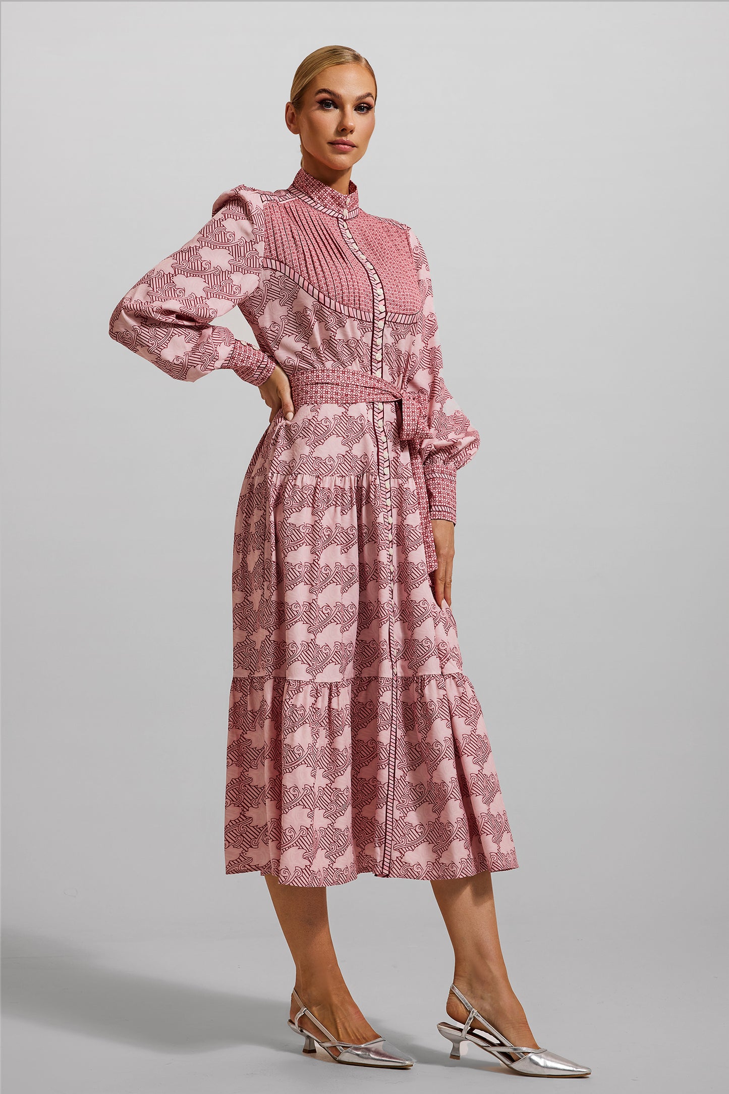 Geometric Patterns Lantern Sleeve Midi Dress With Belt