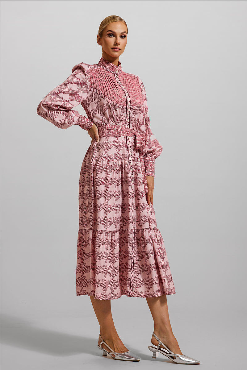 Geometric Patterns Lantern Sleeve Midi Dress With Belt