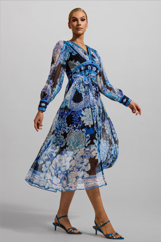 Dragon Print V-neck Lantern Sleeve Midi Dress Dark Blue
