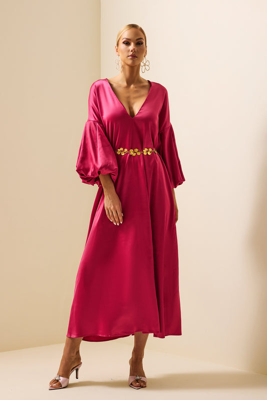 Satin Puff Sleeve V-neck Maxi Dress