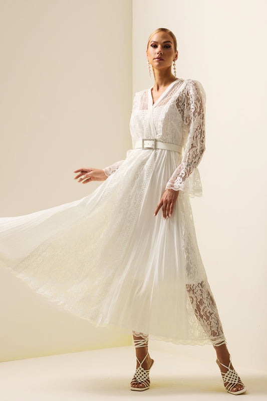Lace Long Sleeve Midi Dress With Belt