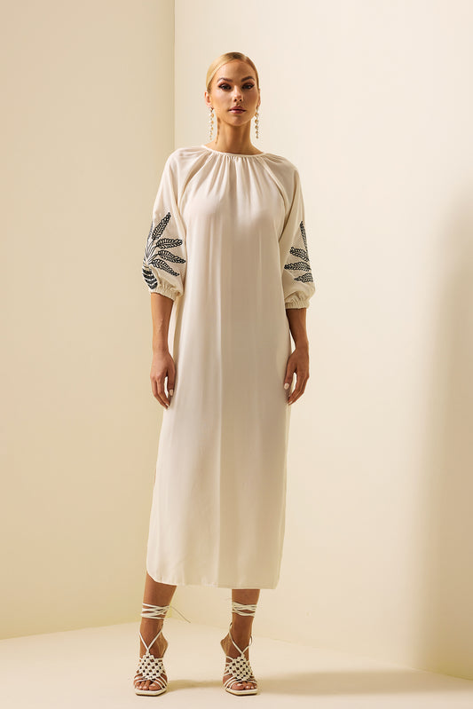 Embroidered Puff Sleeve Midi Dress