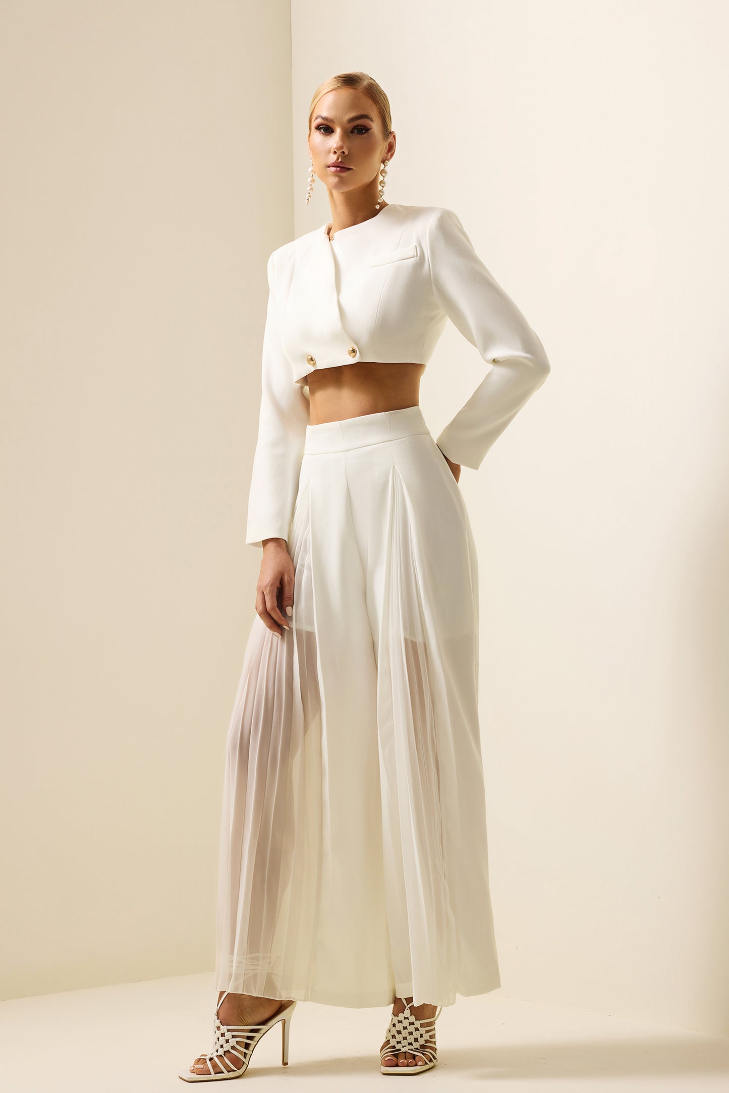 Metal Button Long Sleeve Mini Top & High Waist Pants Set