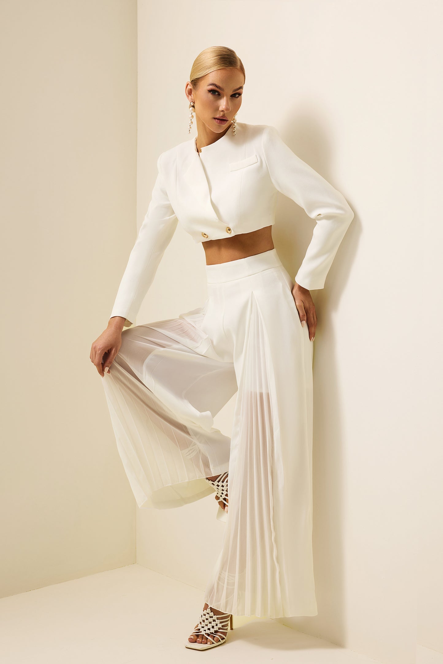 Metal Button Long Sleeve Mini Top & High Waist Pants Set