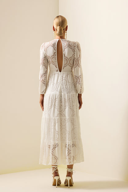 Lace 3d Flower Long Sleeve Midi Dress White