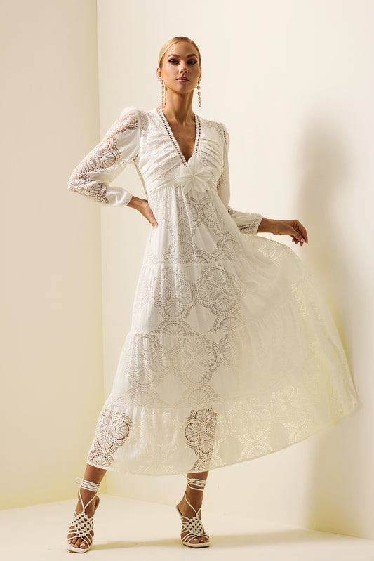 Lace 3d Flower Long Sleeve Midi Dress White
