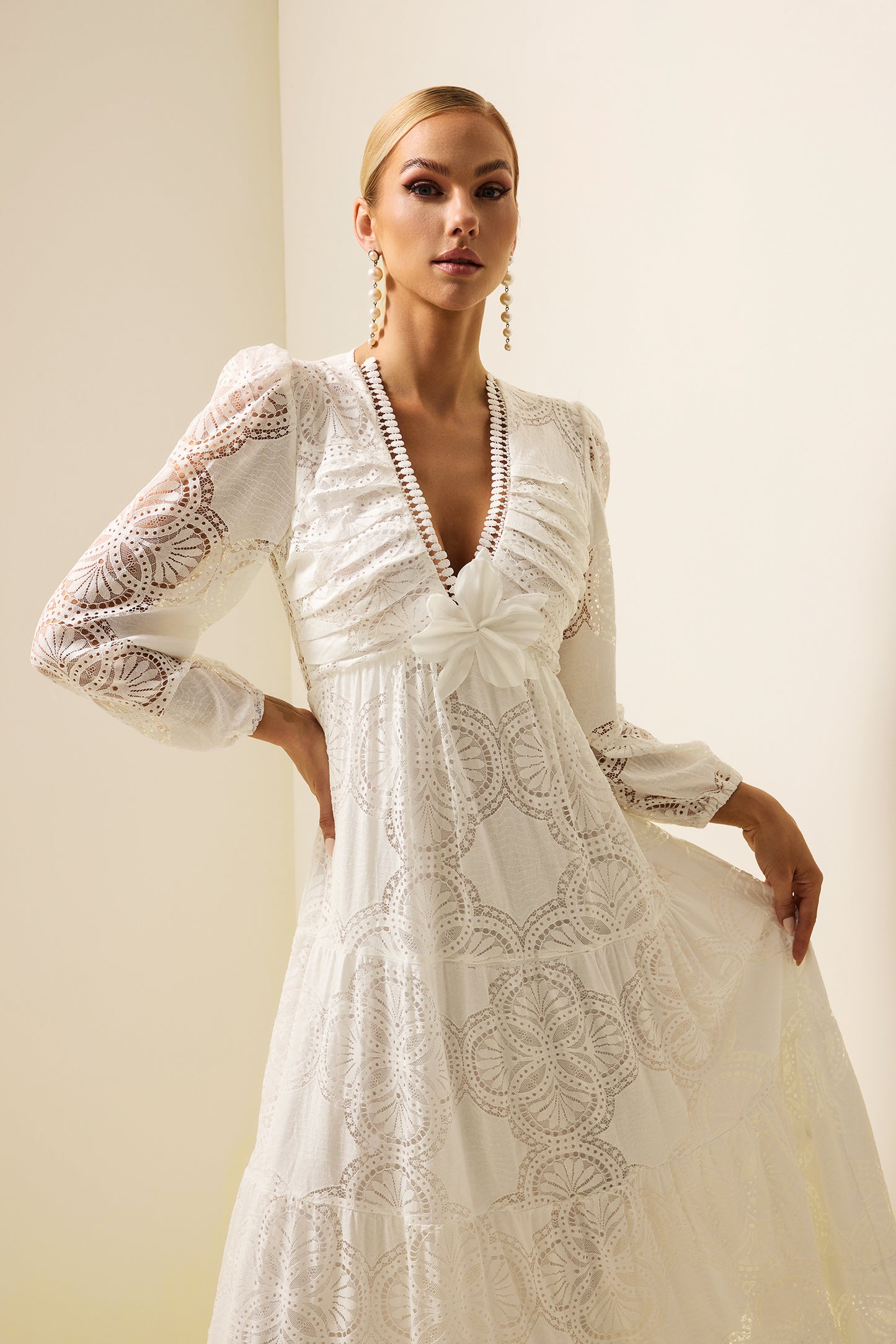 Lace 3d Flower Long Sleeve Midi Dress White