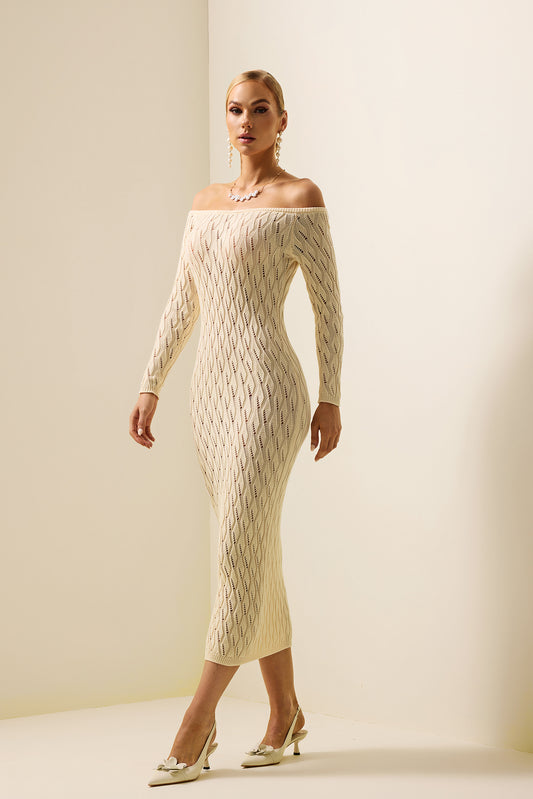 Knit Off-shoulder Long Sleeve Midi Dress