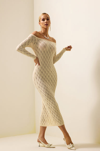 Knit Off-shoulder Long Sleeve Midi Dress