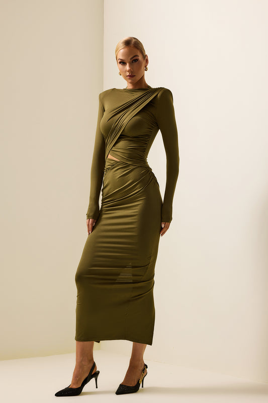 Ruched Long Sleeve Midi Dress