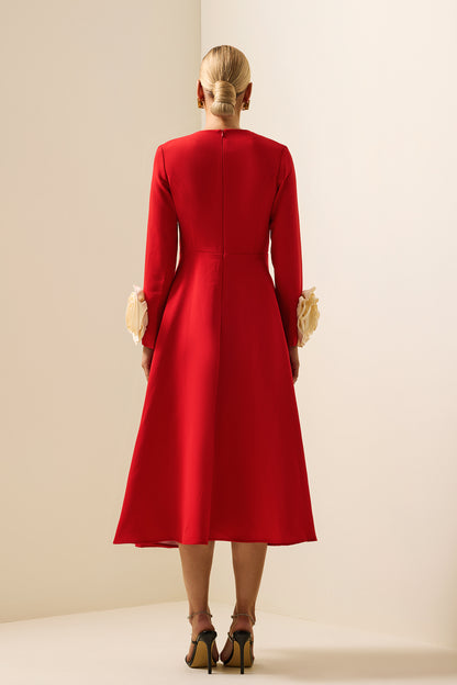 3d Flower Round Neck Long Sleeve Midi Dress