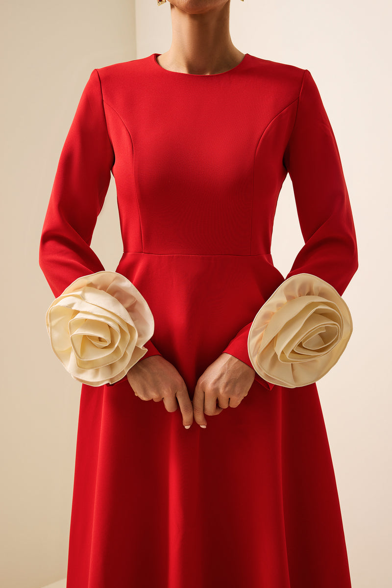 3d Flower Round Neck Long Sleeve Midi Dress