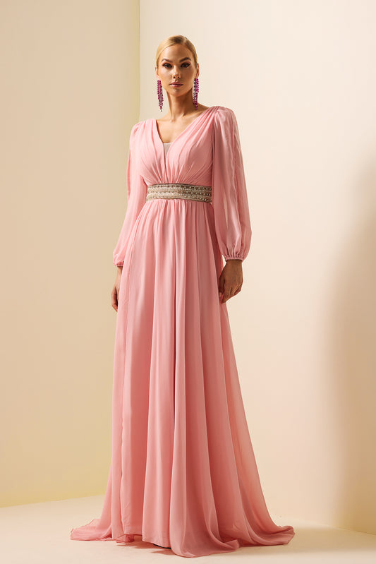 Rhinestone Lantern Sleeve Maxi Dress