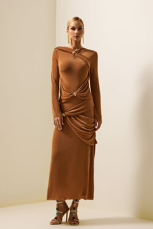 Knit Ruched Long Sleeve Maxi Dress Brown