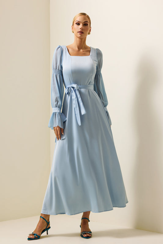 Satin Square Neck Maxi Dress With Belt