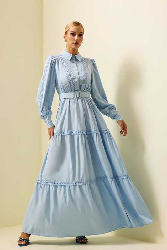 Lace Lantern Sleeve Maxi Dress With Belt