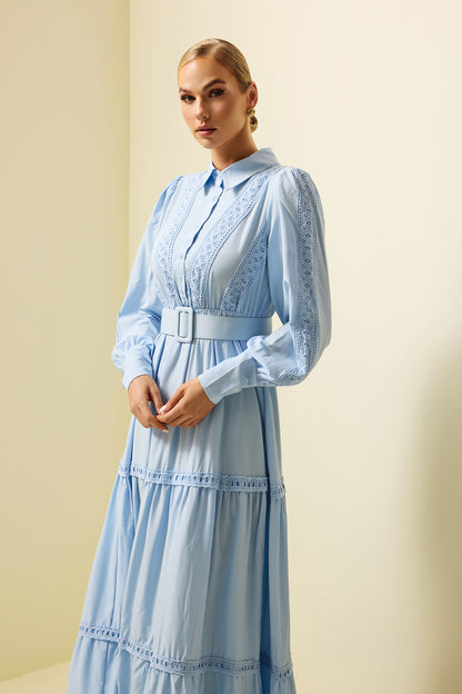 Lace Lantern Sleeve Maxi Dress With Belt