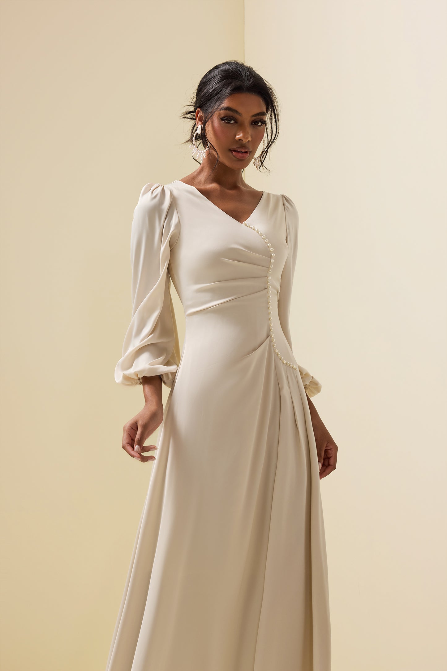 Faux Pearl Long Sleeve Midi Dress