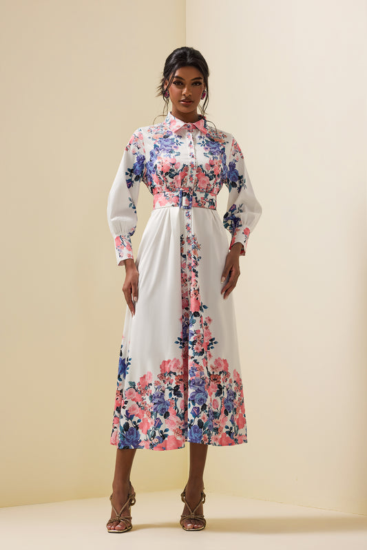 Shirt Collar Midi Dress With Belt