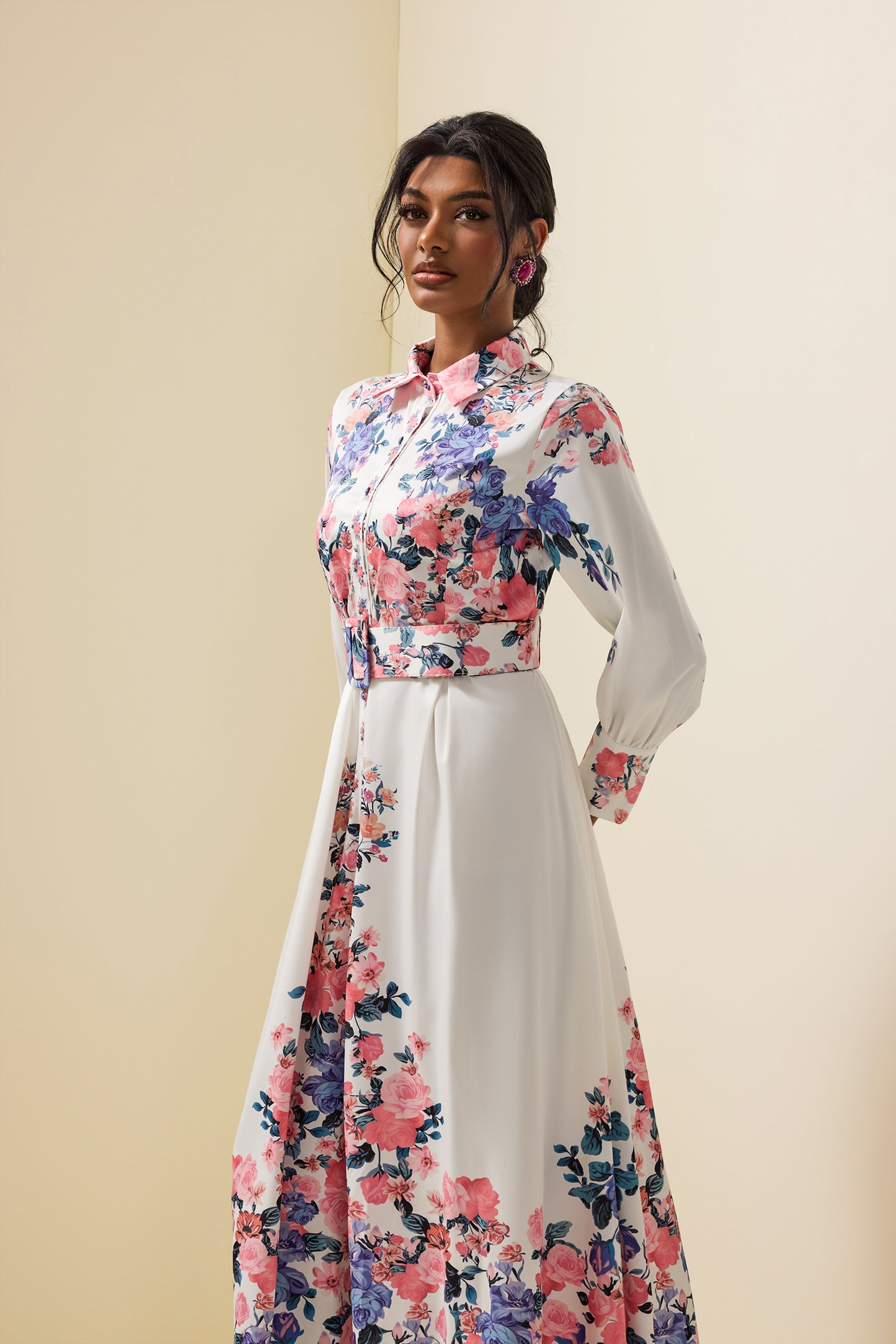 Shirt Collar Midi Dress With Belt