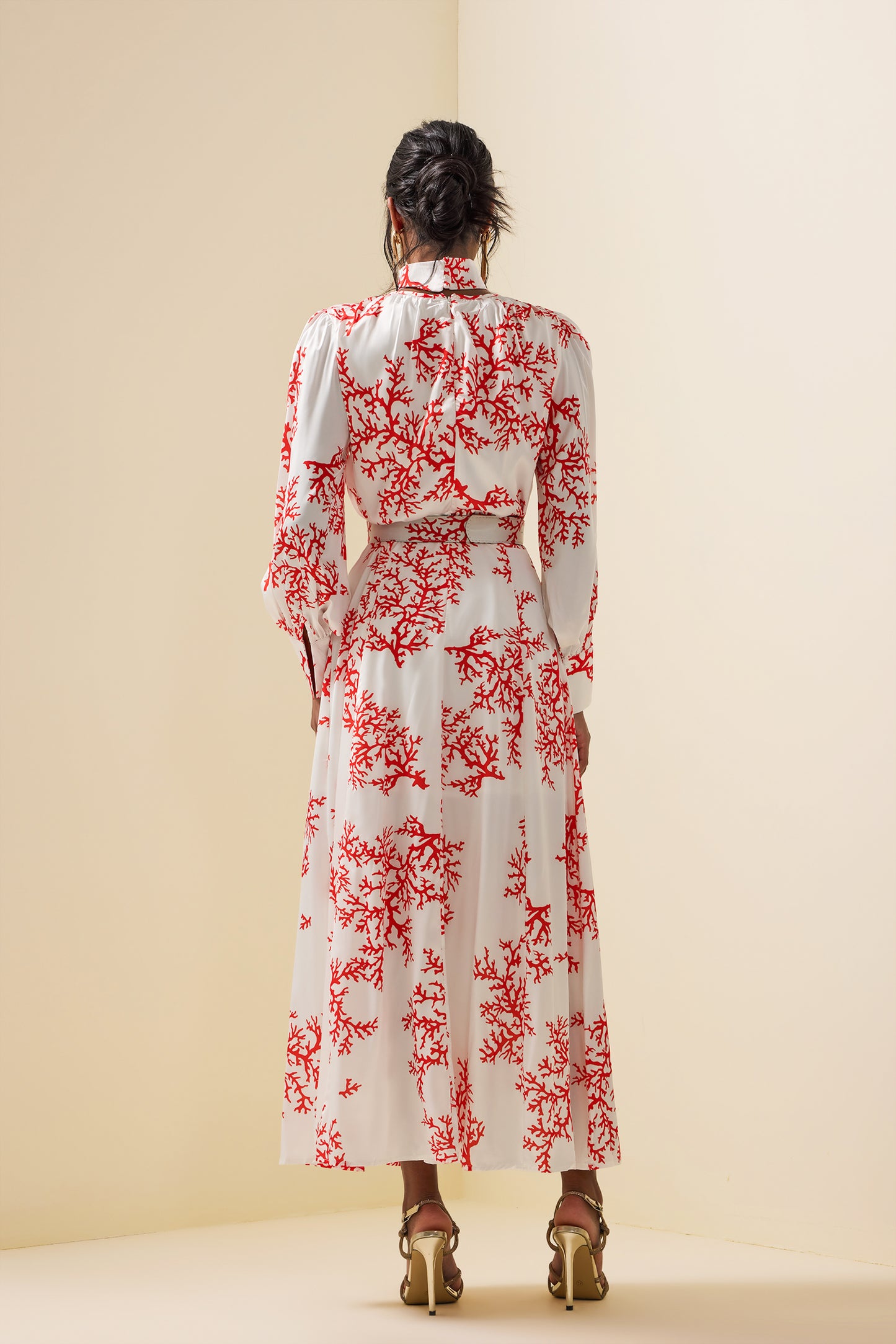 Botanical Print Lantern Sleeve Midi Dress With Belt
