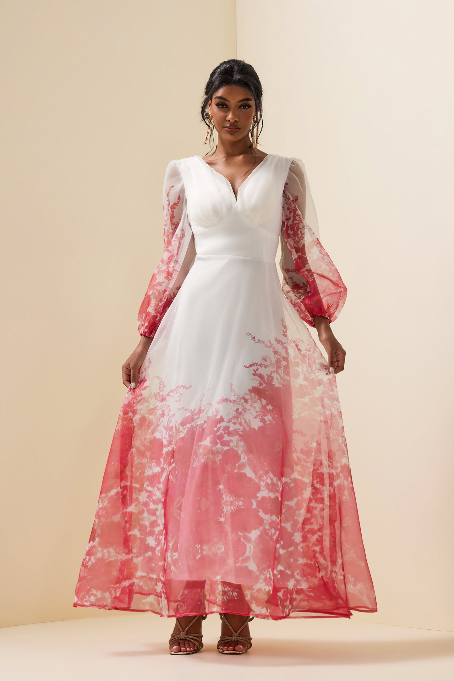 V-neck Lantern Sleeve Maxi Dress