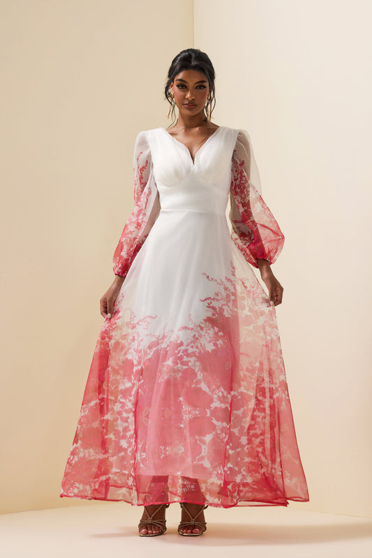 V-neck Lantern Sleeve Maxi Dress