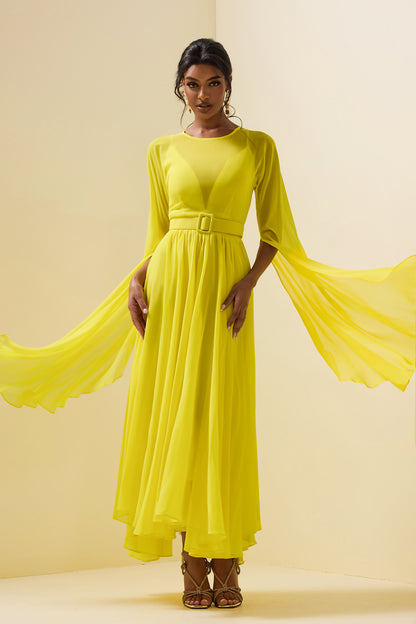 Mesh Cape Sleeve Midi Dress With Belt
