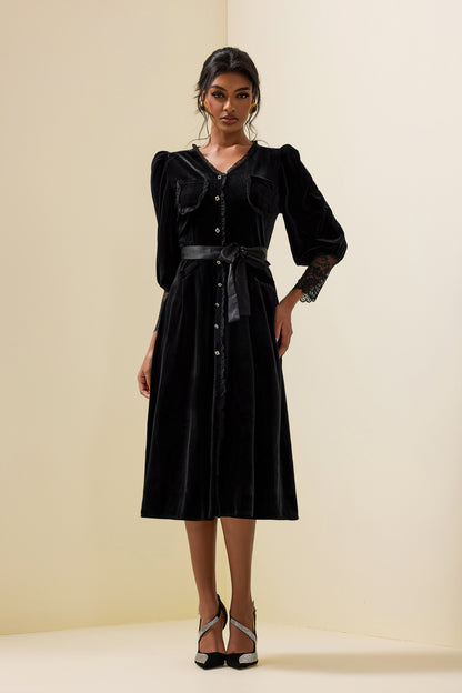 Velvet Lace Long Sleeve Midi Dress