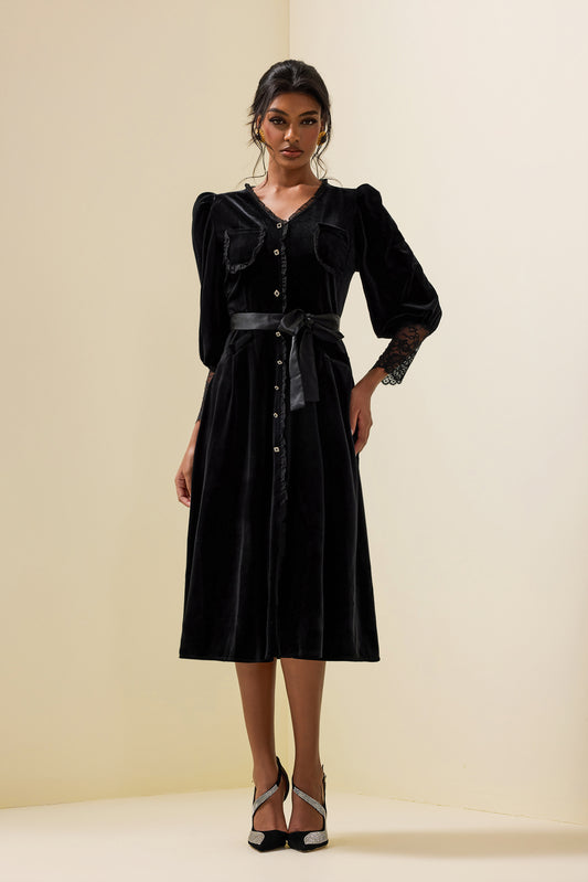 Velvet Lace Long Sleeve Midi Dress