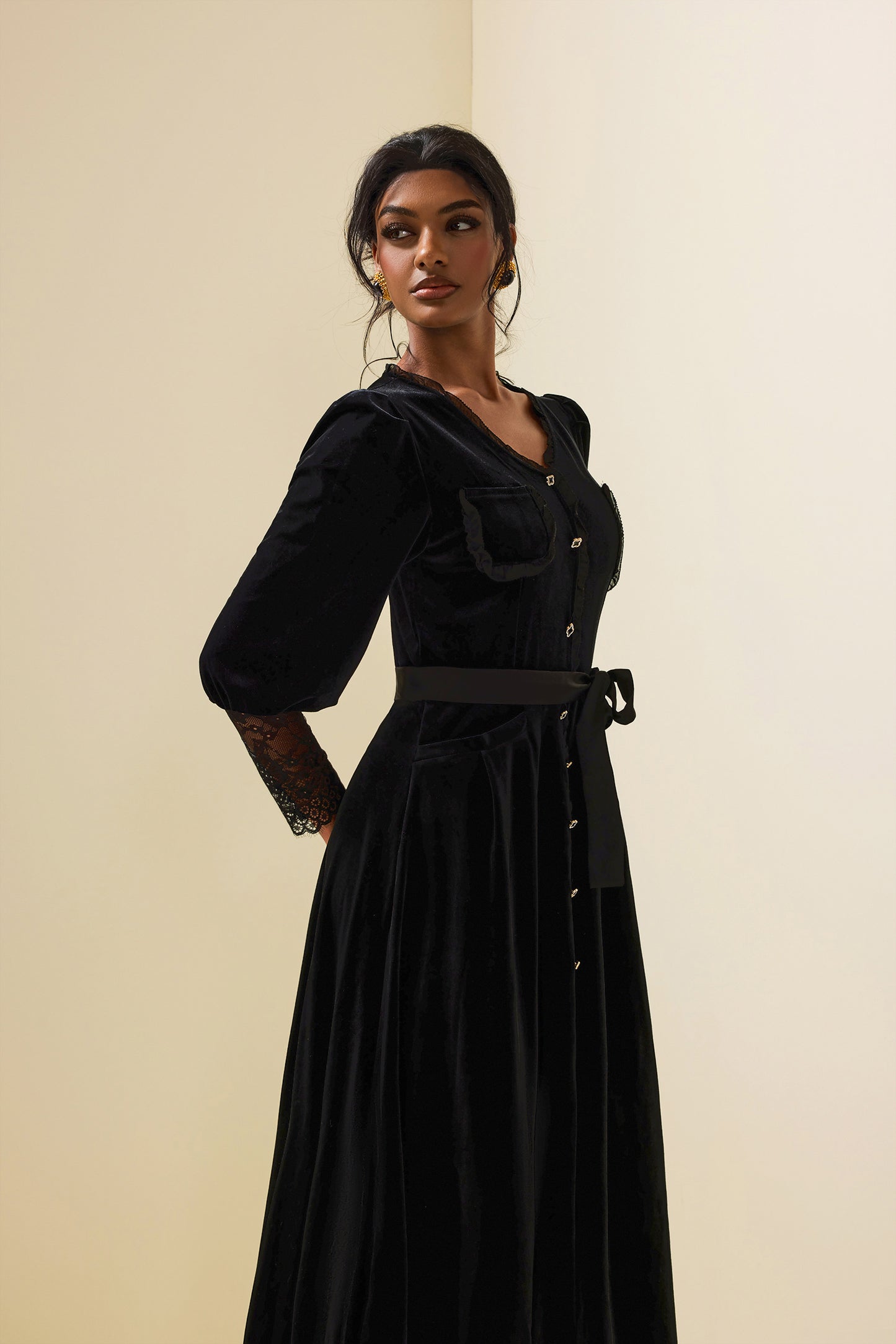 Velvet Lace Long Sleeve Midi Dress