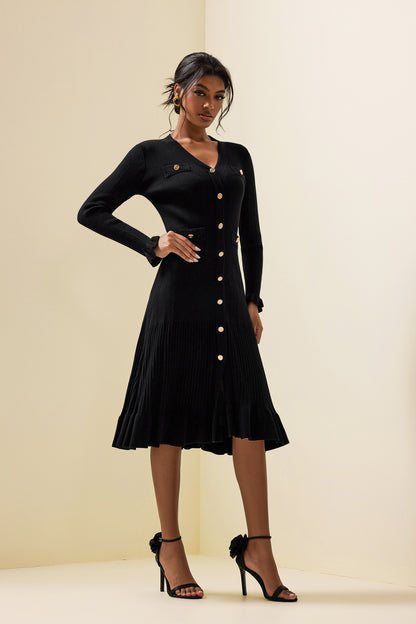 Jersey Single Breasted Long Sleeve Midi Dress