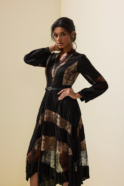 Lace Splicing Long Sleeve Midi Dress