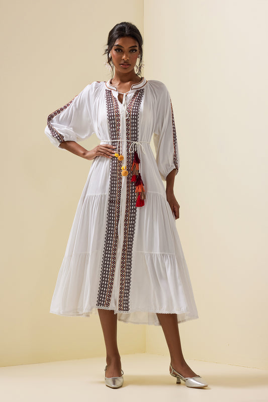 Paisley Print Embroidered Midi Dress With Belt