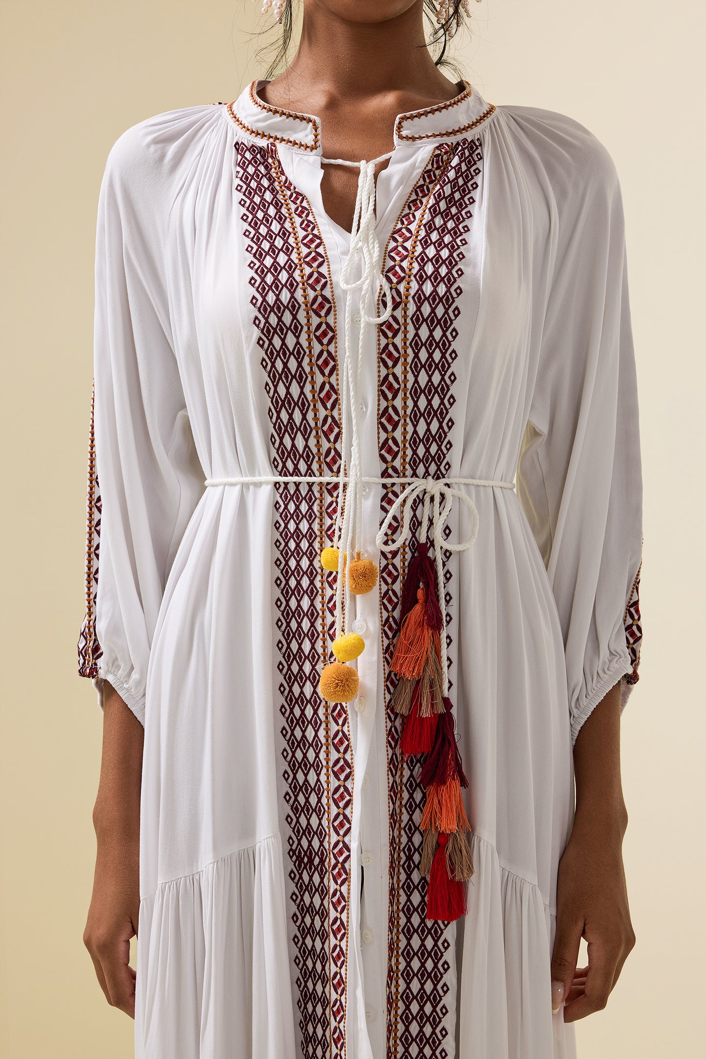 Paisley Print Embroidered Midi Dress With Belt