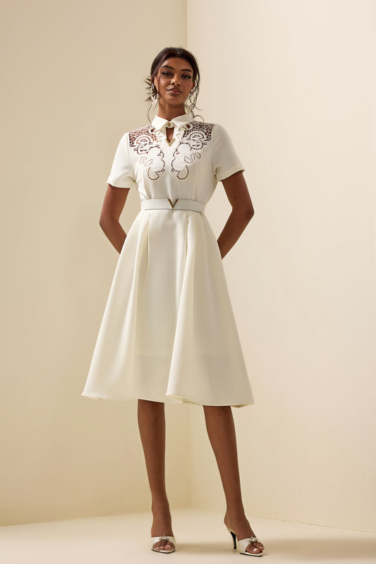 Embroidered Shirt Collar Midi Dress With Belt White