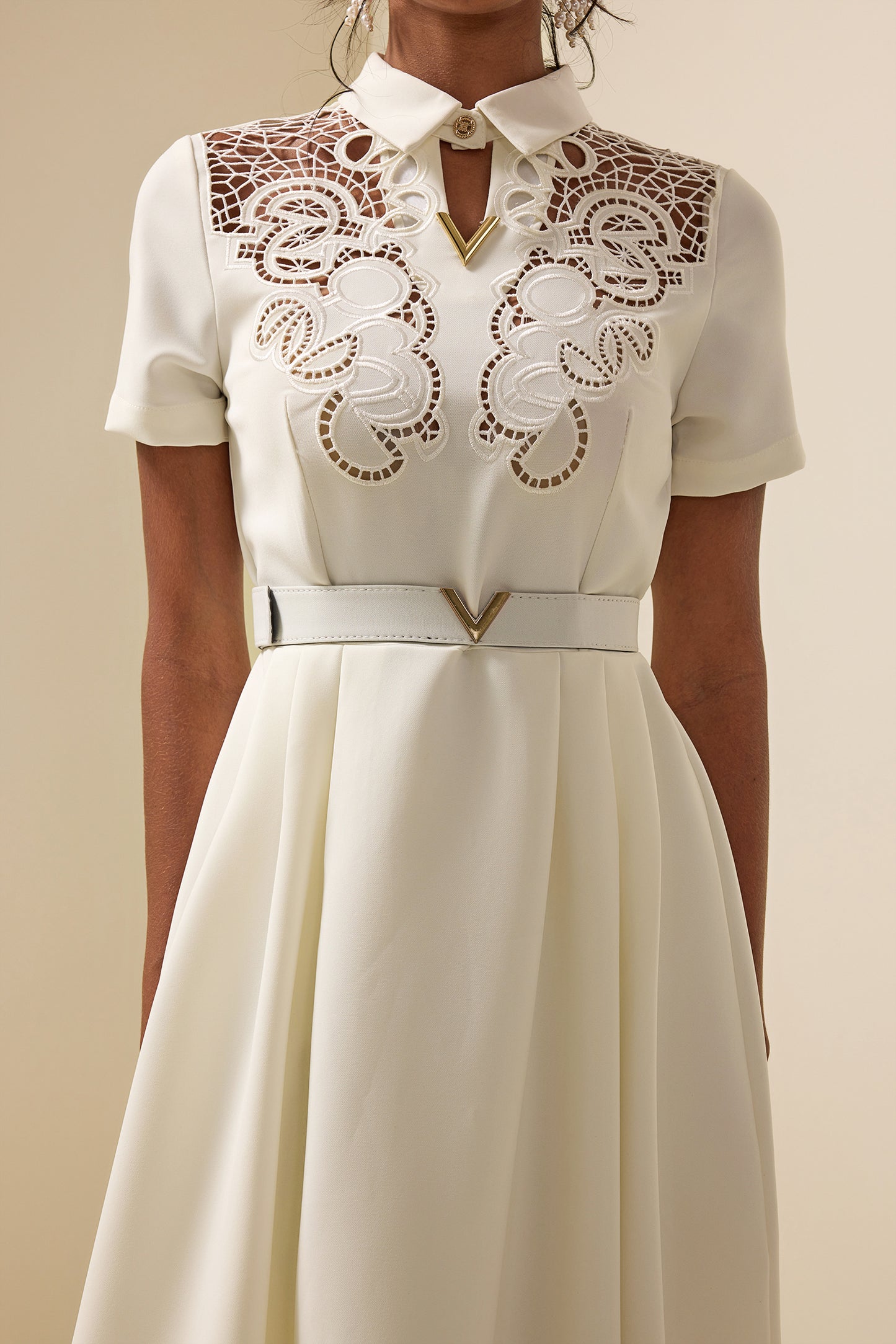 Embroidered Shirt Collar Midi Dress With Belt White