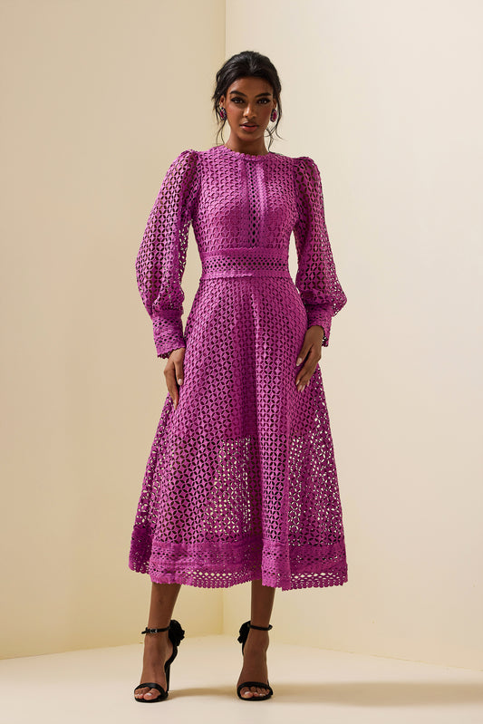 Lace Lantern Sleeve Midi Dress