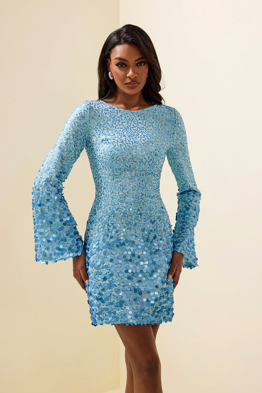 Sequin Round Neck Long Sleeve Mini Dress