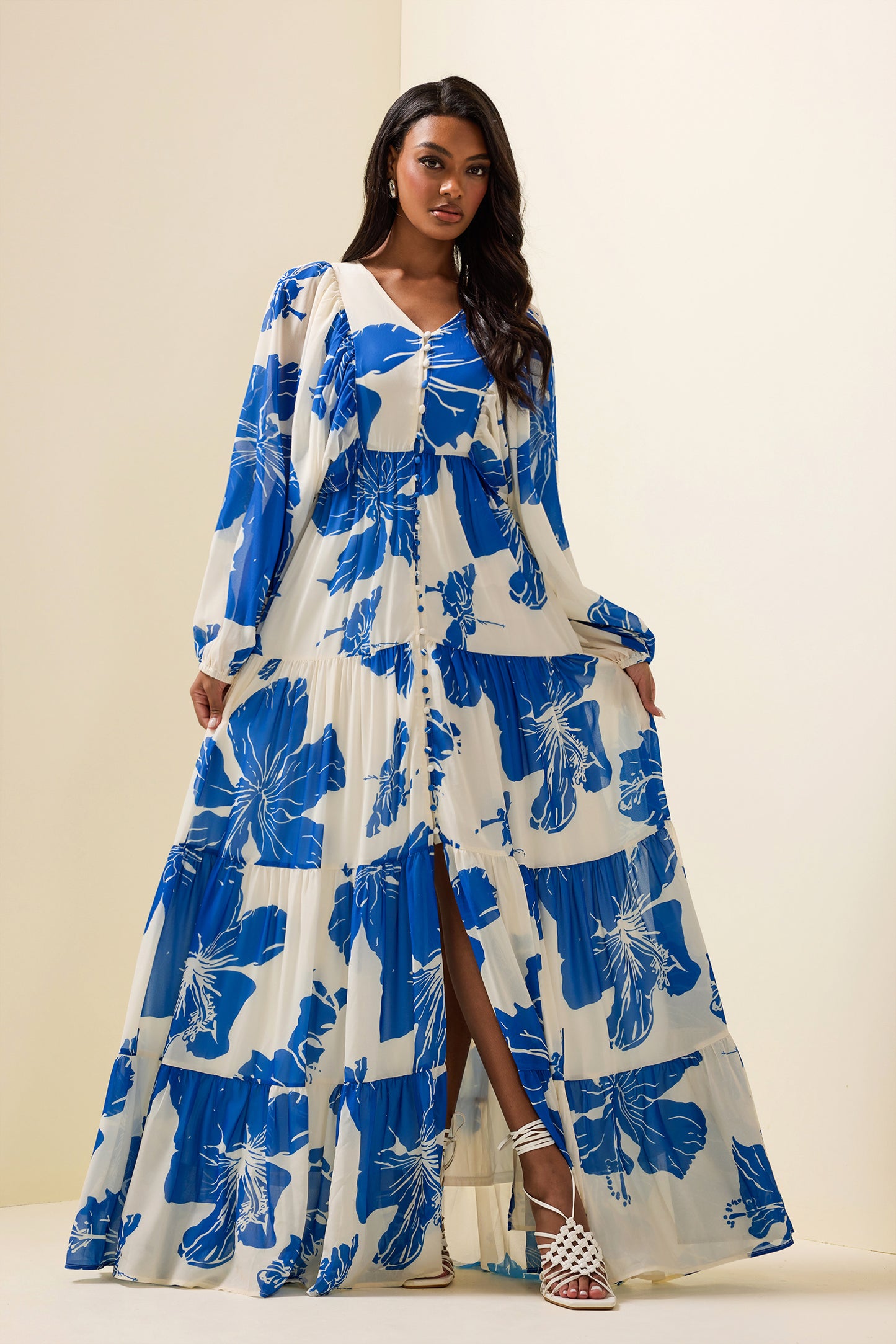 Print Long Sleeve V-neck Maxi Dress